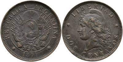 Аргентина 2 сентаво 1891 голова свободы влево KM 8 бронза 4531-1112