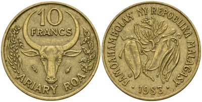 Мадагаскар 10 франков 1983 KM 11 алюминиевая бронза 4141-623