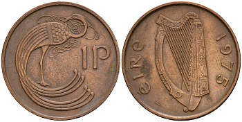 Ирландия 1 пенни 1975 мифологическая птица лира KM 20 бронза 4141-227