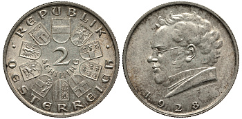 Австрия 2 шиллинга 1928 100 лет со дня смерти Франца Шуберта KM 2843 серебро 413-5133