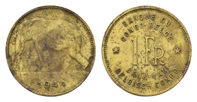 Бельгийское Конго 1 франк 1944 слон, Леопольд III KM 26 латунь 4669-416