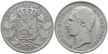 Бельгия 5 франков 1849 Леопольд I (1831-1865) KM 17 серебро 74-1112
