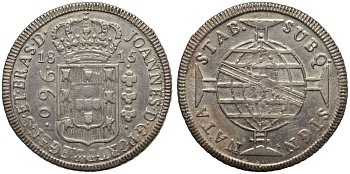 Бразилия 960 рейс 1815 монетный двор не прочеканен, перечекан, патина, Жоао принц-регент (1799-1818) KM 307 серебро 00-819-27