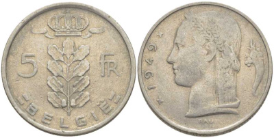 Бельгия 5 франков 1949 Belgie, Леопольд III (1934-1951) KM 135.1 медно-никель 119-746