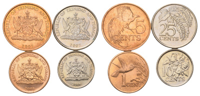 Тринидад и Тобаго набор из 4 монет (1, 5, 10, 25 центов) 2006, 2007 и 2008 KM 29, 30, 31 и 32 UNC 4669-866-869