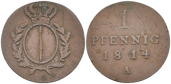 Бранденбург-Пруссия 1 пфенниг 1814 A, Фридрих Вильгельм III (1797-1840) Olding 133, Jager 4, AKS 40. медь 4388-1114