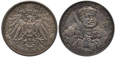 Саксен-Веймар-Эйзенах 2 марки 1908 А, 350 лет университету в Йене Weege 156, J.160, KM 174 серебро 00-817-06