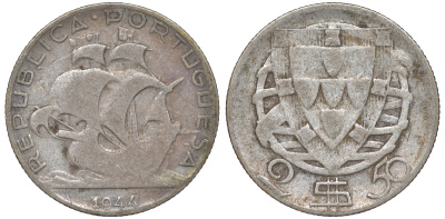ПОРТУГАЛИЯ 2,50 ЭСКУДО 1944 KM 590 серебро 4178-214