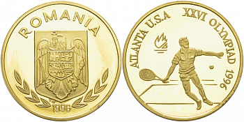 Румыния 100 леев 1996 XXVI Олимпийские игры 1996 года в Атланте, 100 лет Олимпийскому движению, большой теннис, пробный выпуск KM PnD 315.A латунь  PROOF  11-204-42