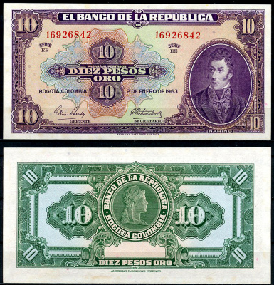 Колумбия 10 песо 1963 Антонио Нариньо, свобода Pick 389 f  бумага  UNC (пресс) 00-00