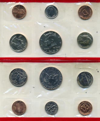 США набор из 5 монет (1, 5, 10 (дайм), 25 (квотер, 1/4 доллара) и 50 (1/2 доллара) центов) и отметки монетного двора 1996 D, в оригинальном конверте, в запайке KM MS160 (KM 201b, A192, 195a, 164a и A202b) UNC 7-7-20