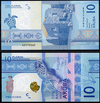 Аруба 10 флоринов 2019 Руины золотой мельницы Буширибана, черепаха Pick 21 бумага  UNC (пресс) 447-61-3