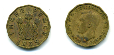 Великобритания 3 пенса 1939 Георг VI (1936-1952) KM 849, Spink 4112 никель латунь 89-656