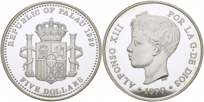Палау 5 долларов 1999 испанские 5 песет, Альфонсо XIII KM 16 серебро PROOF 1077-9-63
