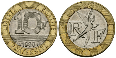 Франция 10 франков 1990 тип Гений Бастилии KM 964.1, Le Frank 375.5 биметалл 4135-543