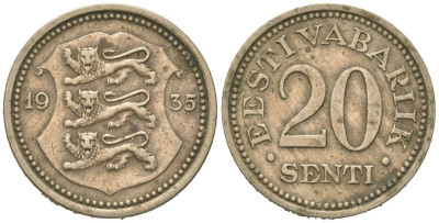 Эстония 20 центов 1935 Республика (1918-1941) KM 17 никель бронза 4615-1064