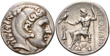 Македонское Царство тетрадрахма 300 - 290 гг. до н.э. Кассандр от имени Александра III Великого, голова Александра в виде Геракла в львином скальпе/АЛЕКСАНДРА, Зевс на троне, держит орла и скипетр, г. Уранополис, 17,20 гр серебро 00-000-00