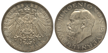 Бавария 3 марки 1914 D, Людвиг III (1913-1918) Weege 52, J. 52, KM 520 серебро 413-1124