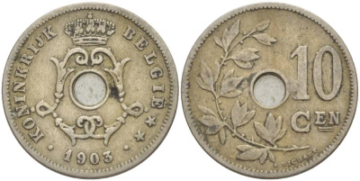 БЕЛЬГИЯ 10 САНТИМОВ 1903 BELGIE KM 49 медно-никель 4544-1215