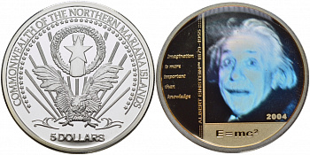 Северные Марианские острова 5 долларов 2004 Альберт Эйнштейн, формула, голограмма KM X5 серебро PROOF 11-154-31 M2-5