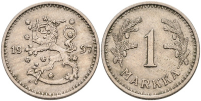ФИНЛЯНДИЯ 1 МАРКА 1937 S KM 30 медно-никель 4563-637