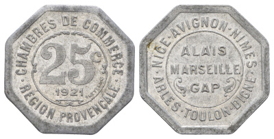 Франция, Марсель 25 сантимов 1921 диаметр 23,5 мм, вес 1,5 гр Elie mon 10.8 алюминий aUNC 4126-1137