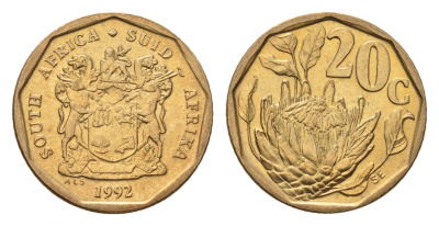 ЮАР 20 центов 1992 герб, цветок протея KM 136 сталь плакированная бронзой UNC 4694-819