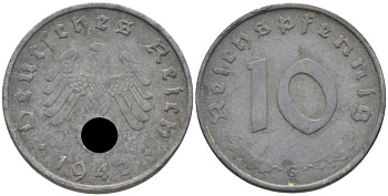ГЕРМАНИЯ 10 РЕЙХСПФЕННИГОВ 1942 G KM 101, J. 371 цинк 4401-654