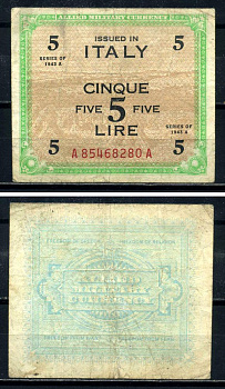 Италия 5 лир 1943 второй выпуск, серия А-А Pick M18а бумага 3295-56-3-2