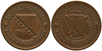 Босния и Герцеговина 10 фенингов 2004 KM 115 сталь плакированная медью 4549-314