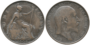 Великобритания 1 пенни 1907 Эдуард VII (1901-1910) KM 794.2, Spink 3990 бронза 32-444