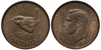 Великобритания 1 фартинг 1948 Георг VI (1936-1952) KM 843, Spink 4116 бронза 100-1067