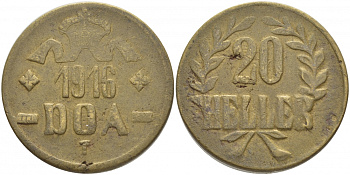 Немецкая Восточная Африка (Танзания) 20 геллеров 1916 T, Ost-Africa, малая корона, буквы LL острые Jaeger 724 b, KM 15a, WK 27 a латунь 5010-544