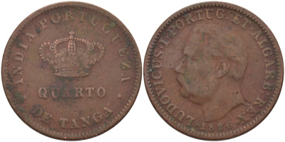 ПОРТУГАЛЬСКАЯ ИНДИЯ 1/4 ТАНГА = 15 РЕЙС 1886 ЛЮДОВИК I, КОЛОНИАЛЬНЫЙ ВЫПУСК KM 8 медь 28-421