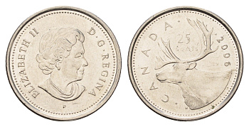 Канада 25 центов 2006 P, Елизавета II (1952-2022), олень KM 493 сталь плакированная никелем UNC 4688-535