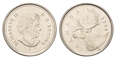 Канада 25 центов 2006 P, Елизавета II (1952-2022), олень KM 493 сталь плакированная никелем UNC 4688-535