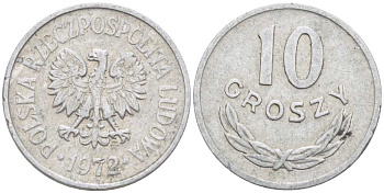 ПОЛЬША 10 ГРОШЕЙ 1972 MW KM AA47, Parchimowicz 206k алюминий 96-543