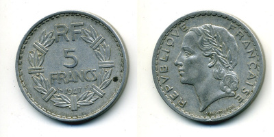 ФРАНЦИЯ 5 ФРАНКОВ 1947 OPEN 9 KM 888b.1 алюминий 84-645