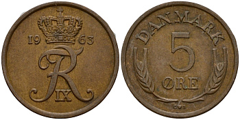 Дания 5 эре 1963 C; S, Фредерик IX (1947-1972) KM 848.1 бронза 4601-823