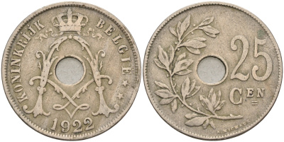 БЕЛЬГИЯ 25 САНТИМОВ 1922 BELGIE KM 69 медно-никель 4589-745