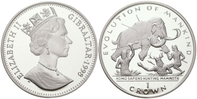 Гибралтар 1 крона 1998 Эволюция человечества -человек разумный (Homo Sapiens) охотящийся на мамонта KM 720 медно-никель PROOF 11-038-23