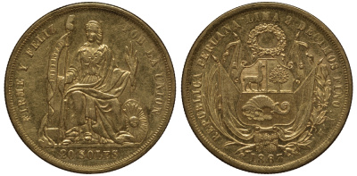 Перу 20 солей - 8 эскудо 1863 KM 194 золото 10-010-52