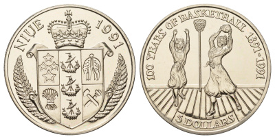 Ниуэ 5 долларов 1991 100 лет баскетболу KM 144 медно-никель BU 11-262-33