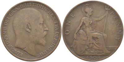 Великобритания 1 пенни 1908 Эдуард VII (1901-1910) KM 794.2, Spink 3990 бронза 4389-743