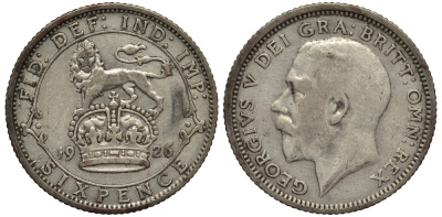 Великобритания 6 пенсов 1926 Георг V (1910-1936), есть зазор над буквой I KM 815a.1, Spink 4024 серебро 4539-156