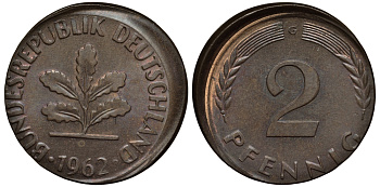 ФРГ 2 ПФЕННИГА 1962 G БРАК ЧЕКАНКИ СДВИГ ШТЕМПЕЛЯ KM 106, J.381 бронза 413-5141