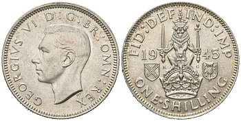 Великобритания 1 шиллинг 1945 Георг VI (1936-1952), Шотландский герб KM 854, Spink 4083 серебро UNC 4619-831