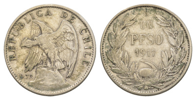 Чили 1 песо 1917 KM 152.4 серебро 443-843
