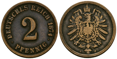 Германия 2 пфеннига 1874 F, старогербовка KM 2 медь 4551-1117