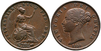 Великобритания 1/2 пенни 1855 Виктория (1837-1901) KM 726, Spink 3949 медь  1518-632